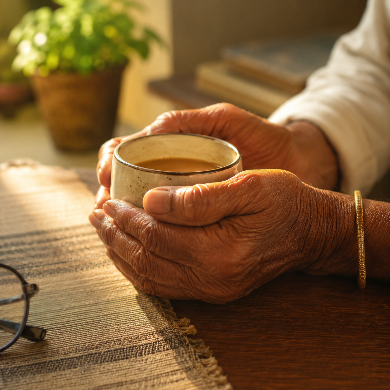 Elderly hands holding chai
