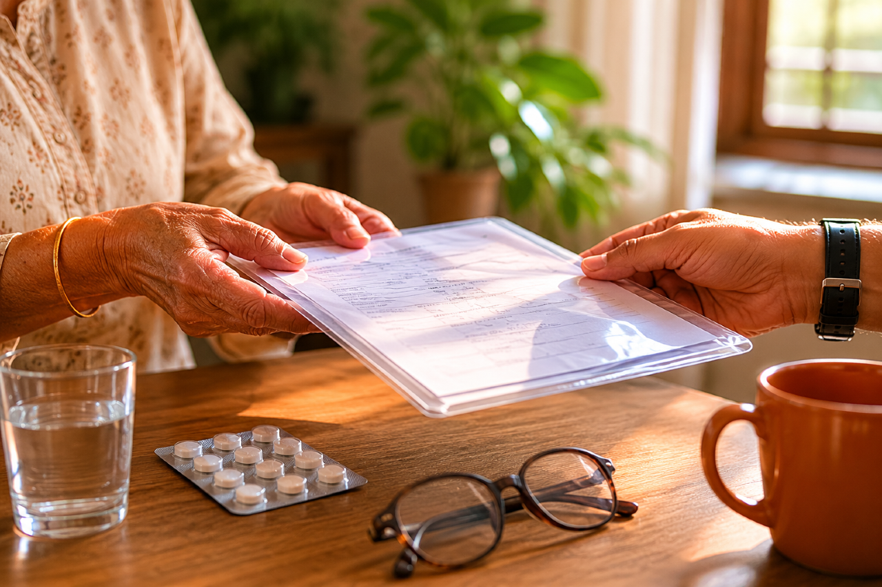 Elderly hands with medical document