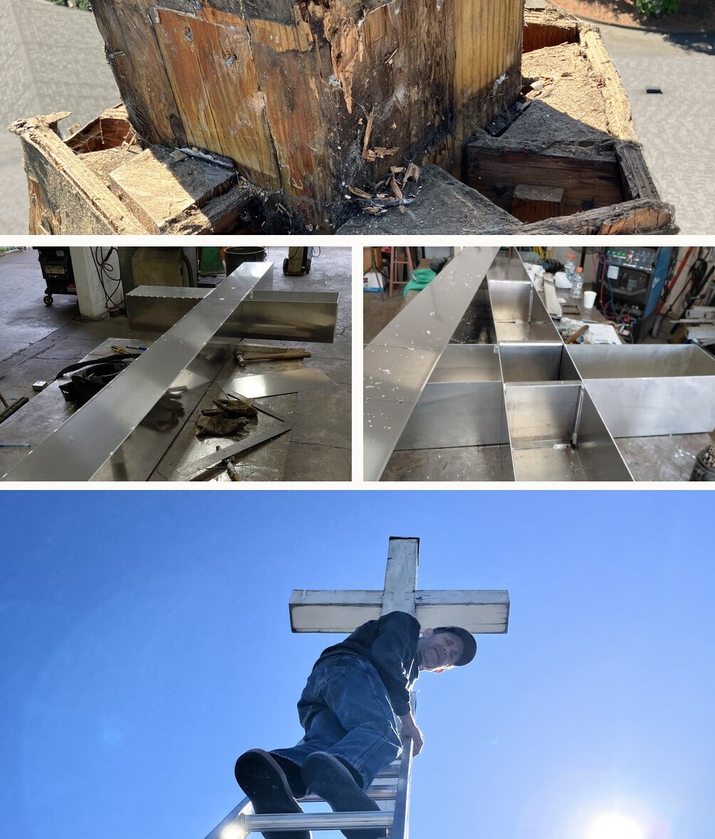 Weather damage to the former wooden cross, its metal replacement being fabricated, and a worker inspecting the old cross from a ladder