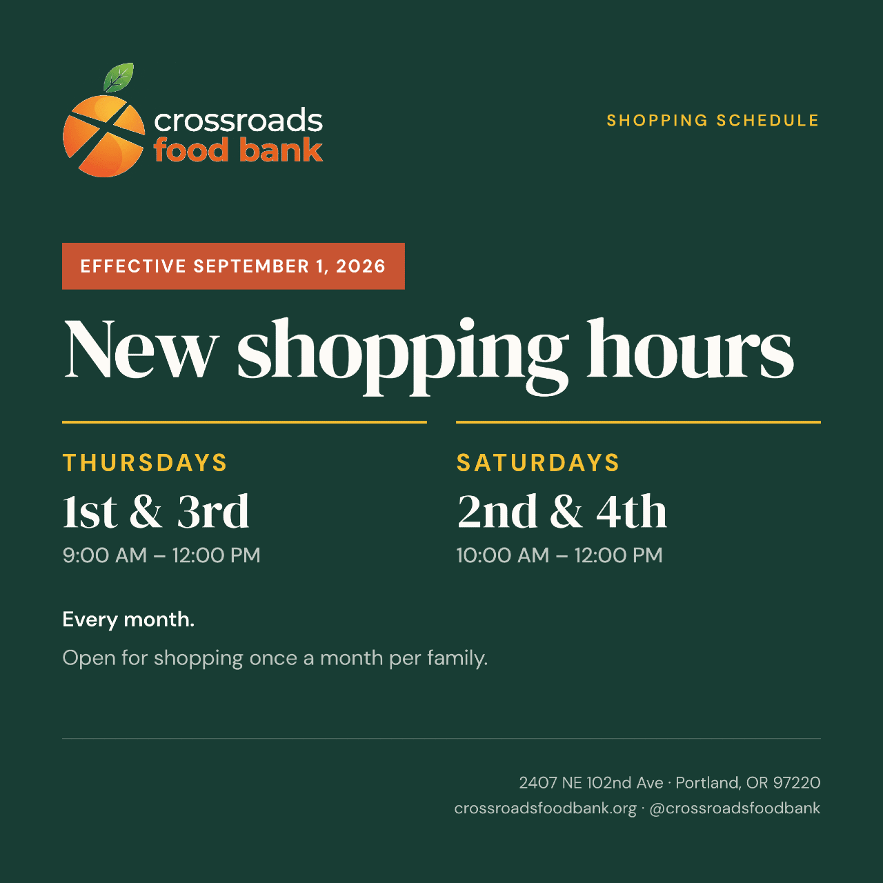 Crossroads Food Bank new shopping hours effective September 1, 2026