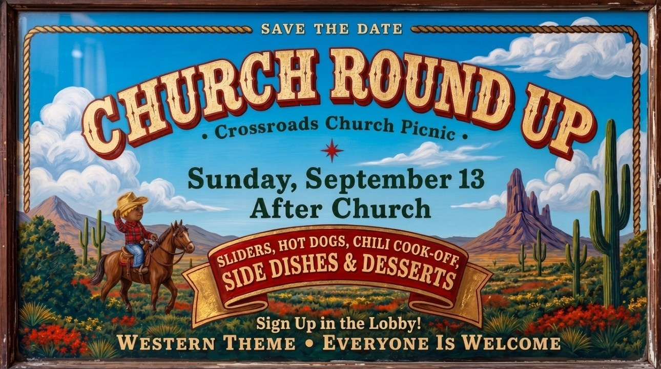 Church Round Up all-church picnic with sliders, hot dogs, chili cookoff, side dishes, and desserts