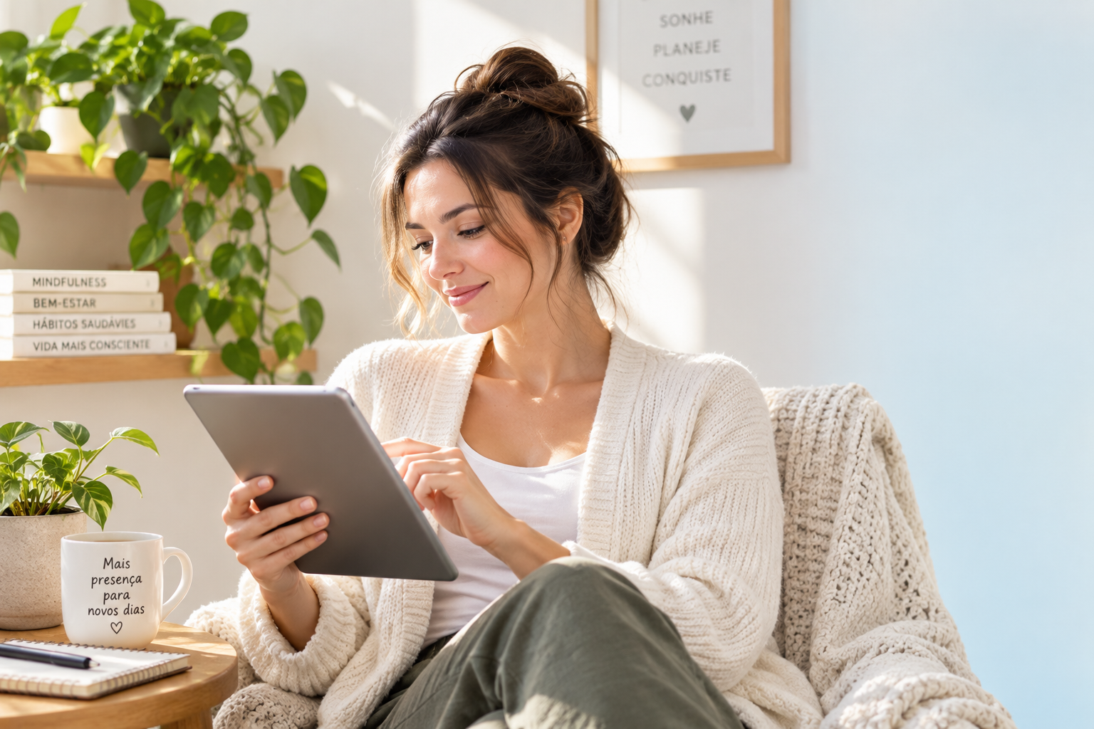 Mulher em momento tranquilo pela manhã usando um tablet