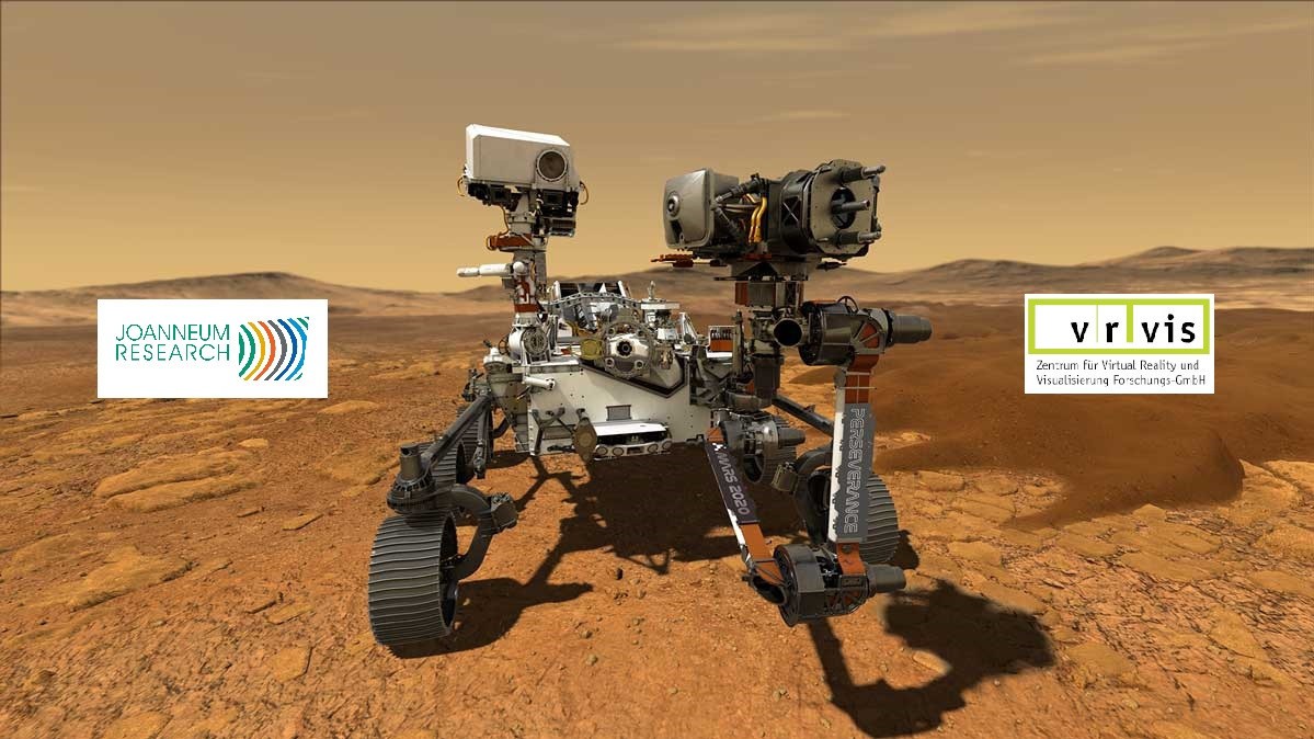 Bild: der Mars-Rover Perseverance mit den Logos von VRVis und Joanneum Research