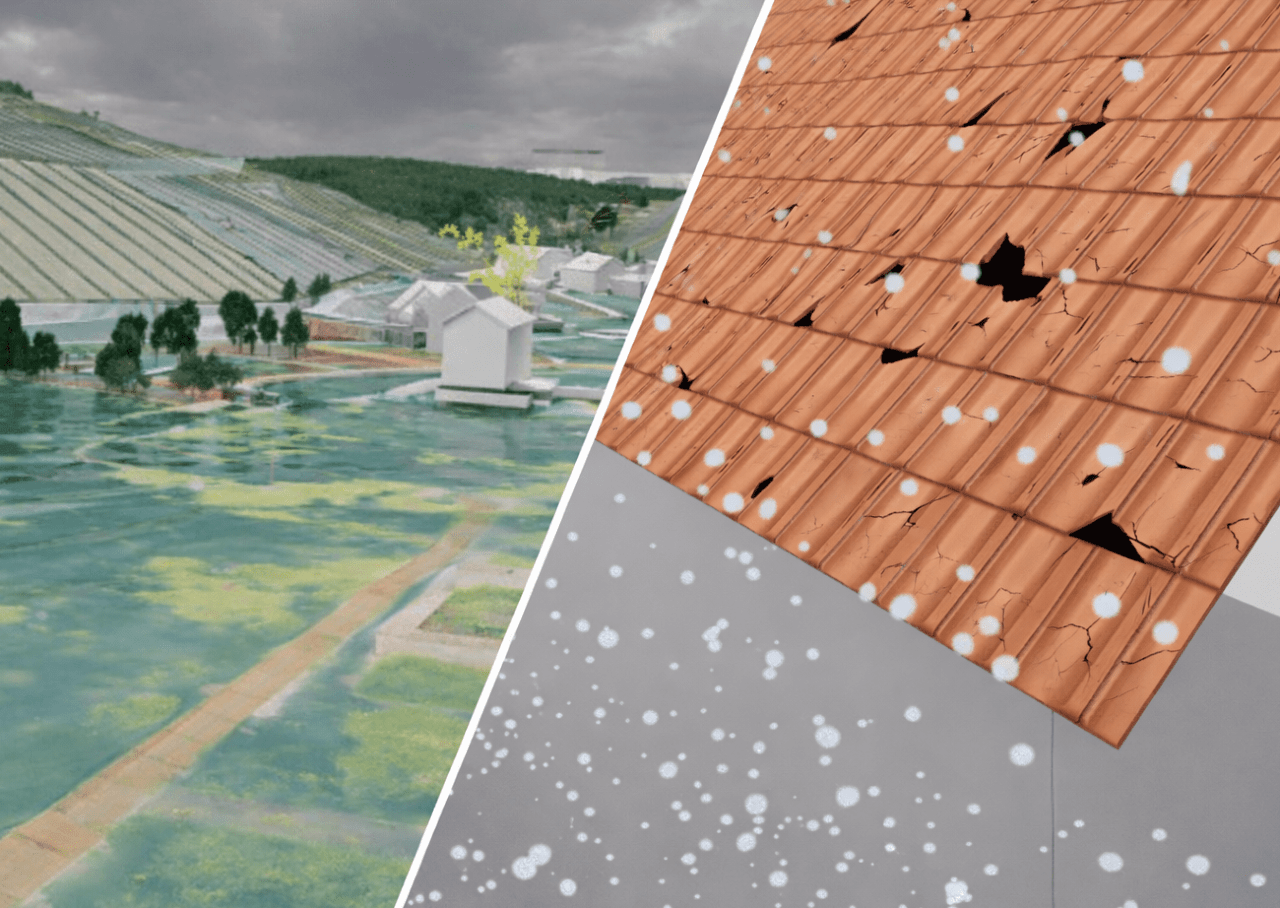 Bild: 2 scenarify-Screenshots. Links: HydroZwilling RLP, rechts: Nahaufnahme von Hagel 3D