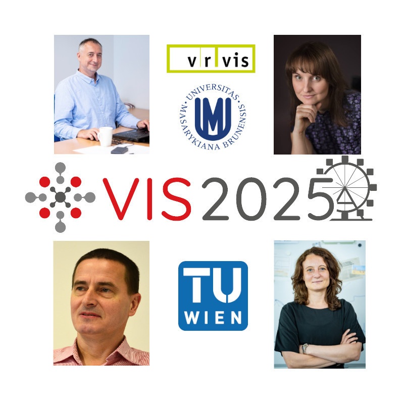 Bild: Portraitfoto der vier General Chairs der IEEE VIS 2025: Kresimir Matkovic, Barbora Kozlikova, Eduard Gröller und Johanna Schmidt sowie die Logos der IEEE VIS 2025, des VRVis, TU Wien und Masaryk University.