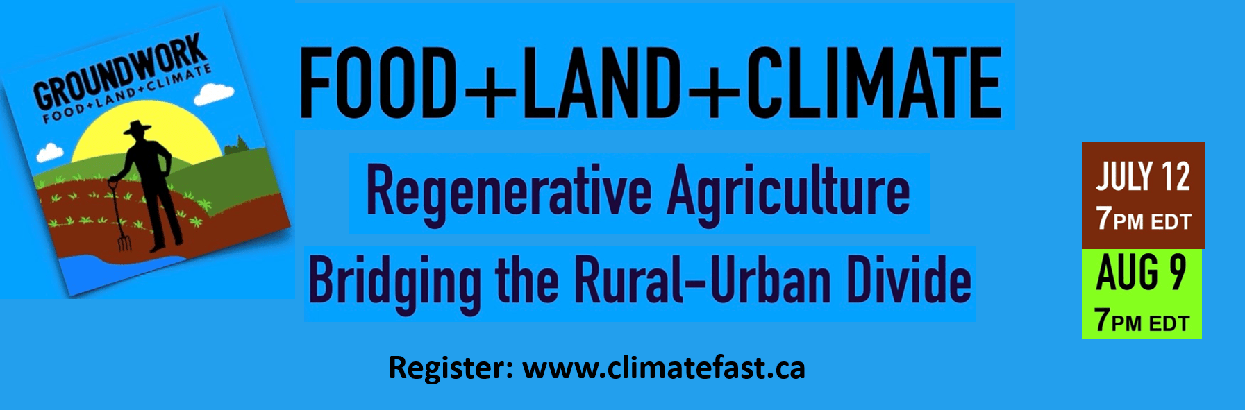 Food, Land and Climate logo with dates and titles of upcoming webcasts