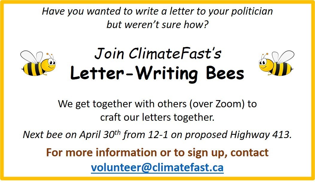 Notice of next Letter-Writing "Bee", April 30th from 12-1 on Highway 413