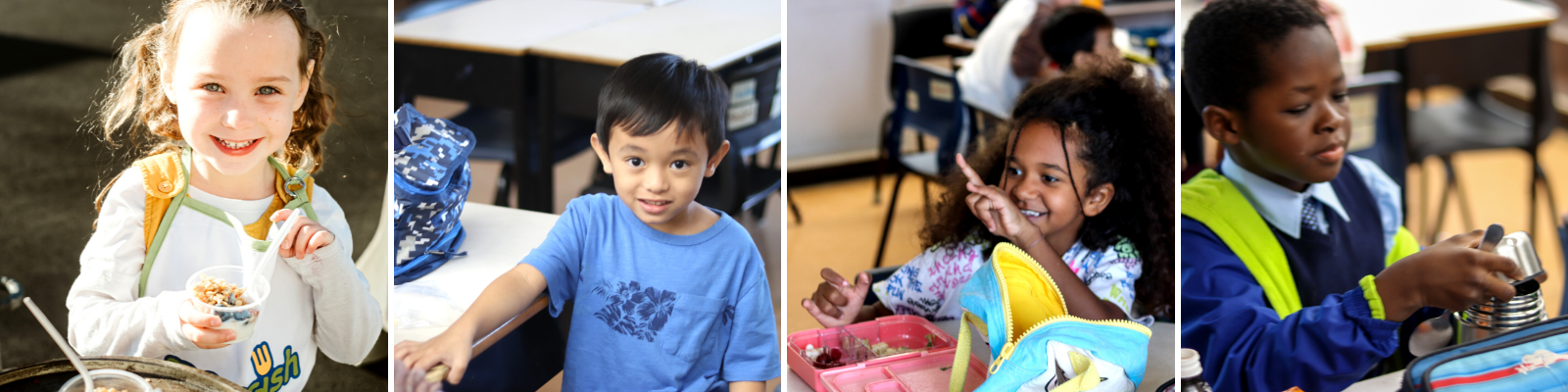 Various photos of smiling students participating in breakfast or lunch programs at schools