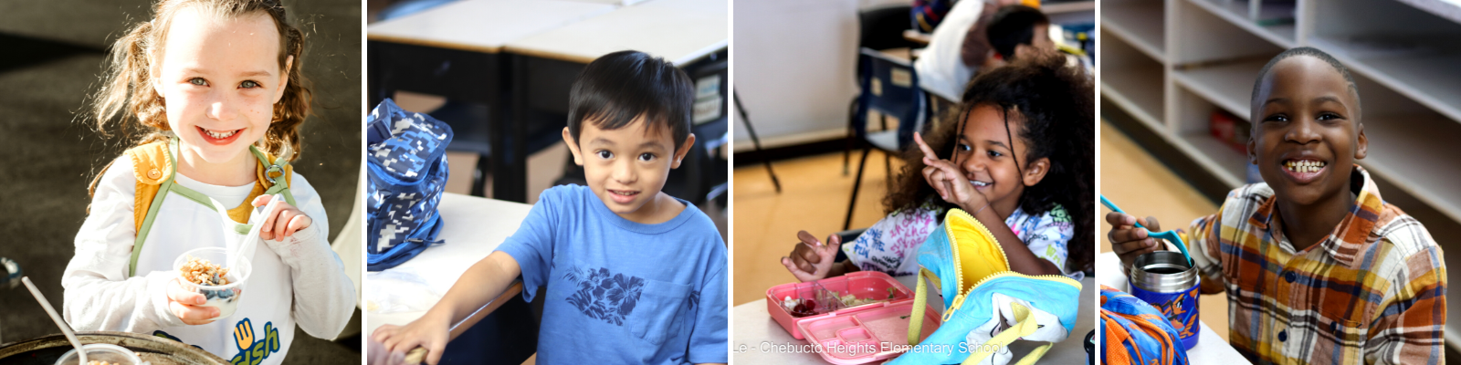 Various photos of smiling students participating in breakfast or lunch programs at schools