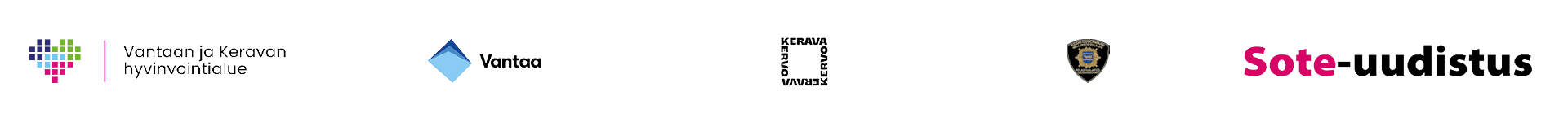 Vantaan ja Keravan hyvinvointialueen, Vantaan, Keravan, Keski-Uudenmaan pelastuslaitoksen ja sote-uudistuksen logot