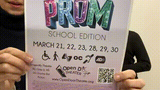 GIF of Kristin and Leon announcing The PROM, with Kristin holding up the poster and Leon signing. White captions on the bottom.